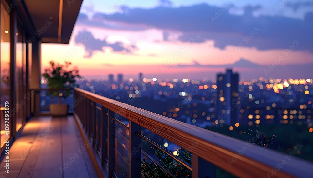 Naklejka premium Modern Luxury Balcony View of City Skyline at Twilight with Bokeh Lights and Vibrant Sunset Colors.