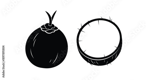 Black and white illustration depicting a whole and a halved coconut