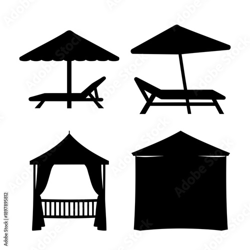 Collection of outdoor relaxation and shelter silhouettes for beach and garden designs