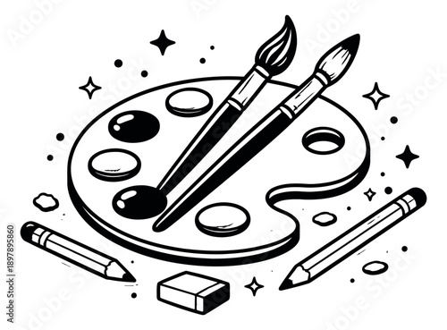 Hand drawn line art art supplies set featuring a palette, paint brushes, pencils, and an eraser for art and creativity