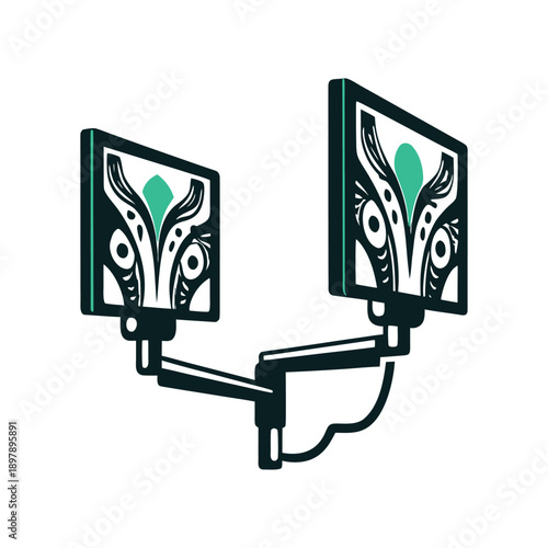 Dual Monitors with Abstract Organic Teal Pattern Vector Illustration