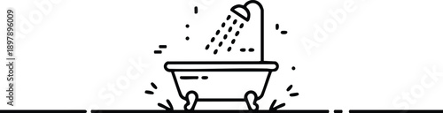 Minimalist Line Art Bathtub with Overhead Shower, vector, illustration, silhouette.