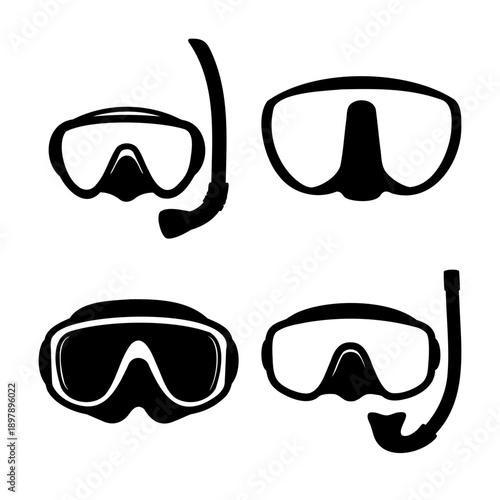 Collection of black and white silhouettes depicting diving and snorkeling masks and gear