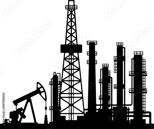 Oil rig and refinery complex against Vector Art