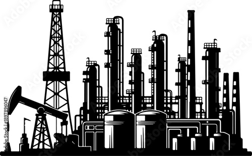 Oil rig and refinery complex against Vector Art