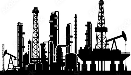 Oil rig and refinery complex against Vector Art