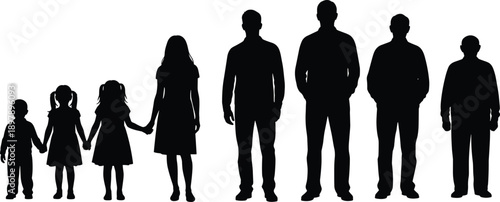 Black silhouettes of people in different ages from children to elderly adults representing life stages and human growth isolated on white background for design. (25 words)