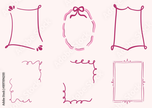 Doodle hand drawn frames with wavy lines, bows and ribbons. Minimalist simple line art. Trendy vintage whimsical borders for wedding invitations, birthday card, prints. Vector modern illustration.