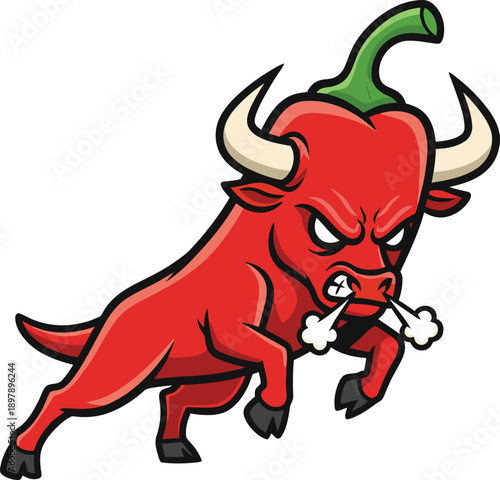 Spicy Bull Mascot Sticker | Red Hot Chili Pepper Bull Character for Zesty Food Branding