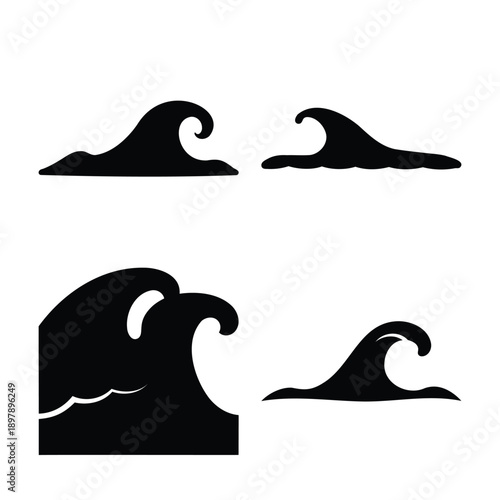 Stylized black wave silhouettes set showcasing various ocean current designs
