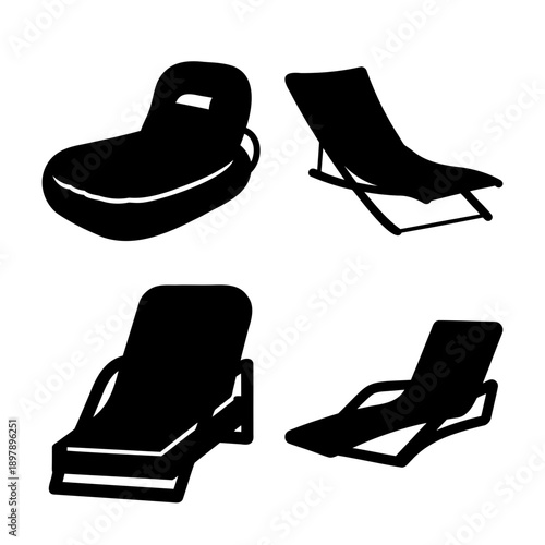 Different styles of outdoor and indoor lounge chairs presented as minimalist black silhouettes