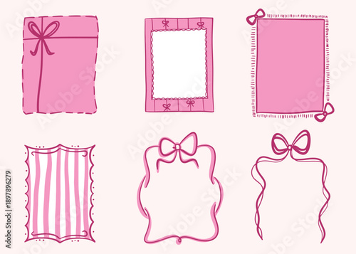 Set of vintage hand drawn frames with whimsical lines, bows, ribbons in coquette style. Vector elegant minimalist line art borders. Template for poster, banner, wedding invitation, birthday card.
