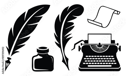 Writing and literature icons for World Book Day silhouette set bundle