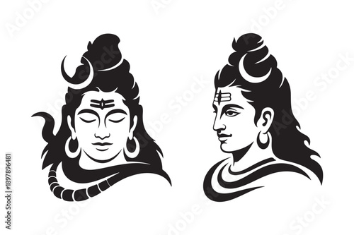 Mahadev  silhouette vector illustration, Black Mahadev head silhouette 
