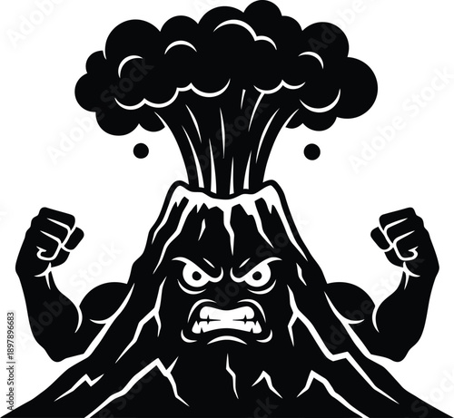 Angry volcano mascot logo | Powerful erupting mountain character with muscular arms and clenched fists
