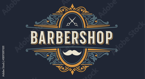 Barbershop Vintage Logo Template. Retro Emblem Design with Scissors and Mustache. Classic Shaving and Haircut Salon Signage.