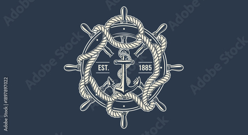Vintage Nautical Emblem with Anchor, Ship Wheel, and Rope. Retro Marine Logo Badge.