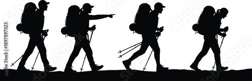 Black Vector Silhouette of Group of Hikers with Backpacks and Trekking Poles Walking in Nature for Outdoor Adventure Mountain Travel Exploration and Camping Graphics (24 words)