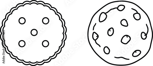 Cookie Outline Illustration Set with Chocolate Chip and Round Biscuit, Hand Drawn Black and White Vector