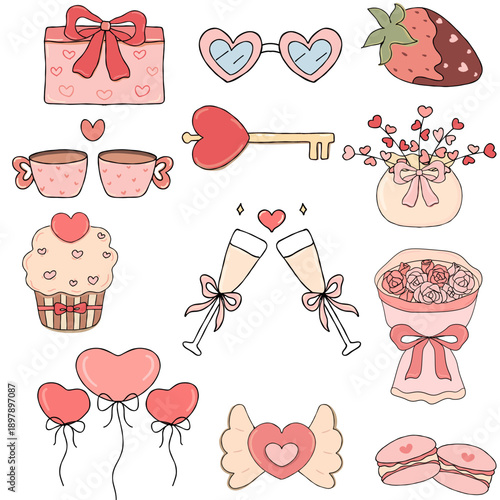 Hand drawn valentine's day doodle element collection, cute pink heart, flower bouquet, sweets and romantic icons set isolated on transparent background.