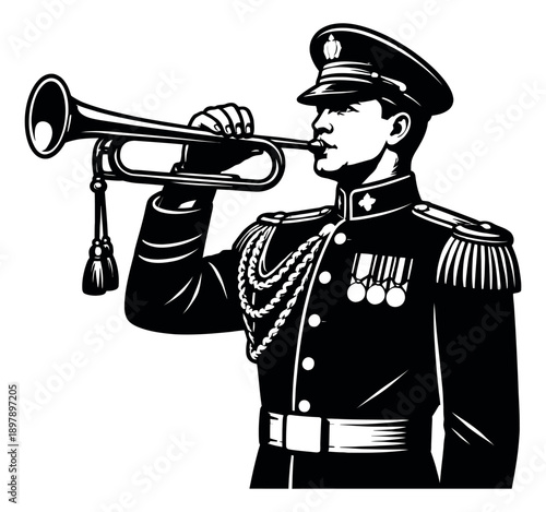 Retro line art illustration of a military bugler depicting a performance for a ceremonial event