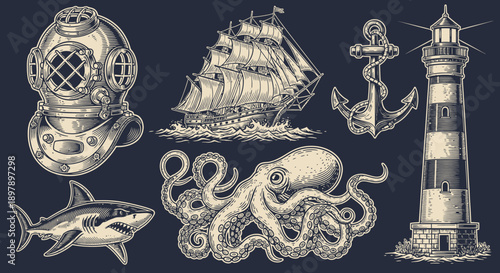 Vintage Nautical Engraving Set: Deep Sea Diving Helmet, Tall Ship, Lighthouse, Octopus, Anchor, and Shark Illustrations