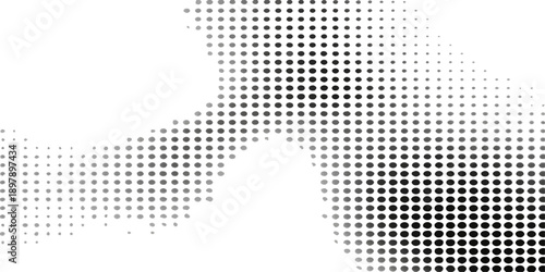 Abstract halftone dots background featuring a black geometric circle pattern and world map mosaic texture for a digital web banner template design