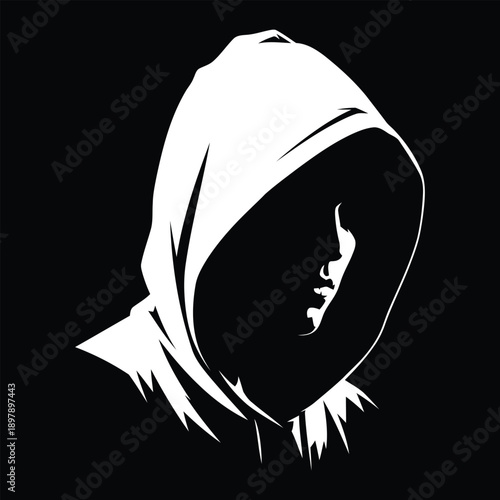 Hooded figure vector illustration in black and white, mysterious person in shadow, hacker or anonymous concept, isolated on black