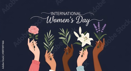 International Women's Day greeting with diverse hands holding flowers and leaves on a dark blue background