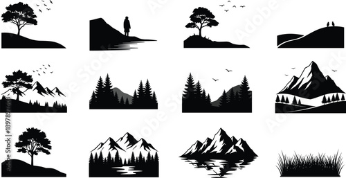 Breathtaking aerial view of a tranquil forest landscape during a vibrant golden hour sunset with mist rolling over distant mountains and pine trees