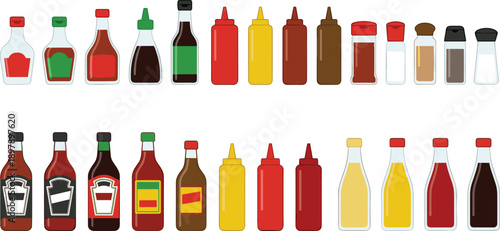 Condiment container illustration set featuring bottles and shakers for ketchup, mustard, soy sauce, hot sauce, and seasonings in colorful two-row layout.