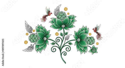 Intricate illustration of green lotus flowers and buds with silver leaves, golden accents, and two red birds flying around on a white background.
