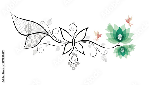Elegant decorative floral design with outlined leaves, swirling patterns, green lotus flowers, and small flying birds.