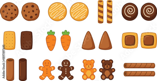 Cartoon-style sweets and treats illustration set featuring cookies, candies, wafers, biscuits, and chocolates arranged in a colorful five-row grid for dessert-themed design.