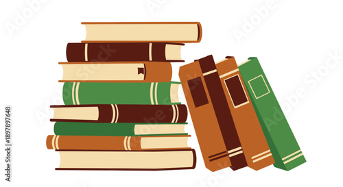 A colorful stack of books leans precariously to the right