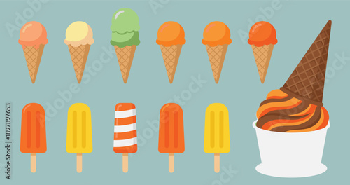 Frozen dessert illustration set featuring ice cream cones, popsicles, and soft serve cup with vibrant colors and summer-themed treats in a playful layout.