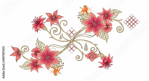 Intricate floral embroidery design with red and pink flowers, green leaves, and golden swirling patterns, featuring decorative diamond accents.