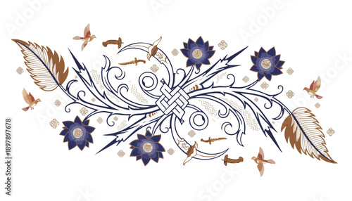 Ornate symmetrical design with thorny vines, dark blue flowers, brown leaves, flying birds, and daggers, set against a white background.