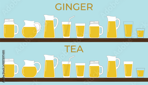Ginger and tea drink container illustration set featuring jars, pitchers, mugs, and glasses in matching styles for beverage, health, or culinary vector design.