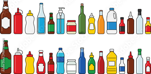 Kitchen condiment and beverage container illustration set featuring bottles, jars, and packaging for sauces, drinks, and oils in colorful two-row layout.