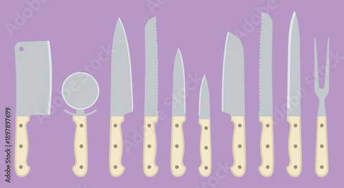 Kitchen knife and utensil illustration set featuring cleaver, pizza cutter, chef’s knife, carving fork, and specialty blades for culinary-themed vector design.