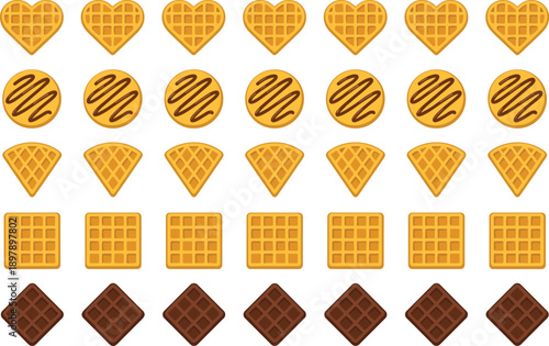 Waffle shape illustration set featuring heart, round, wedge, square, and diamond chocolate waffles arranged in a five-row grid for culinary vector design.