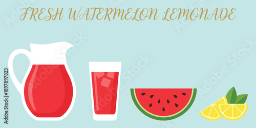 Watermelon lemonade illustration featuring pitcher, glass, fruit slices, and mint leaves with decorative text for summer, beverage, or refreshment-themed vector design.