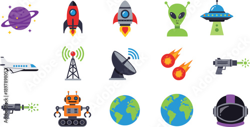 Collection of colorful flat vector icons featuring space elements like rockets aliens ufo satellites comets robots earth globes and astronaut helmets for science fiction designs