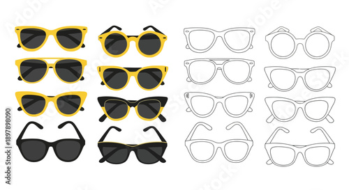 Collection of sunglasses in various styles and colors including outlines