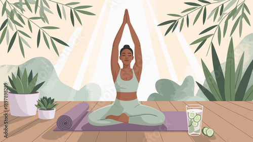 Woman practicing yoga in a serene outdoor setting with plants and refreshments.