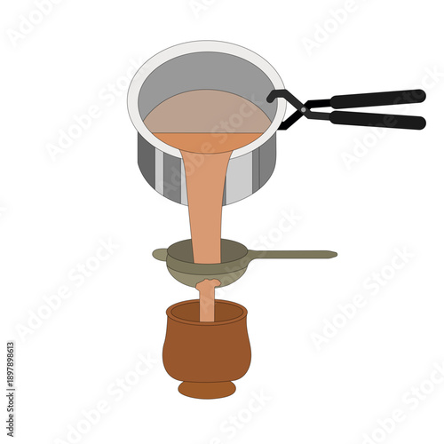 Filtering Indian Masala Chai into Pottery Cup