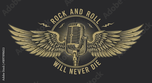 Vintage Rock and Roll Will Never Die Vector Emblem Logo. Retro Microphone with Wings, Classic Music Legacy Design.