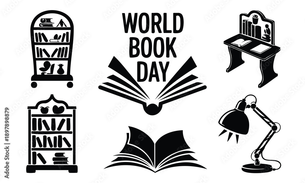 Fototapeta premium Bundle world book day silhouette icons with library shelf and table