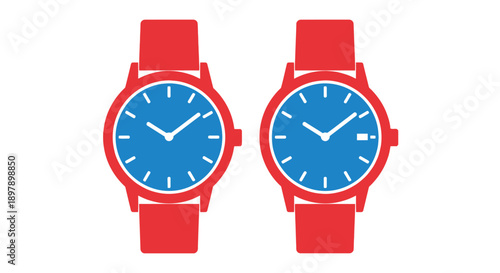 Two wristwatches with red straps and blue faces are displayed